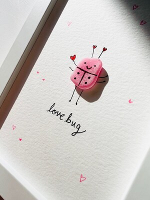 Love Bug Sea Glass Art | Adorable Valentine Decor | Fun Vday Gift | 4"x 6" | Coastal Valentine's Day - image1